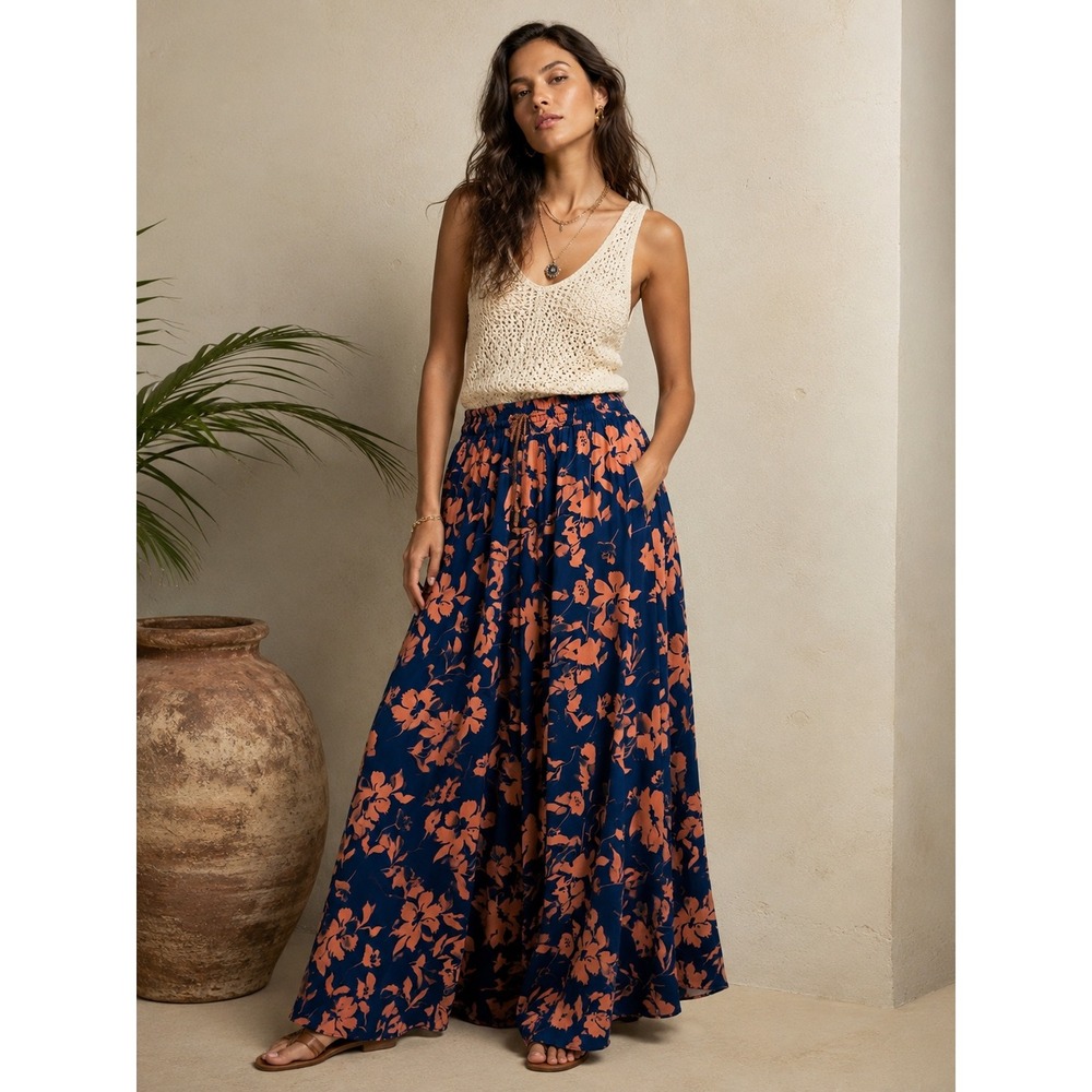 Boho Pull On Floral Palazzo Pants Blue Coral Wide Leg Flowy Resort Trousers L